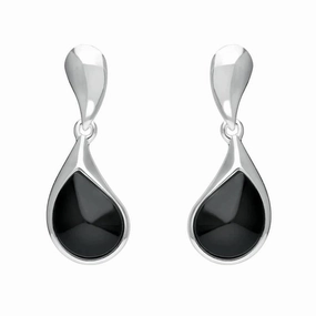 Sterling Silver Whitby Jet Curved Pear Drop Earrings