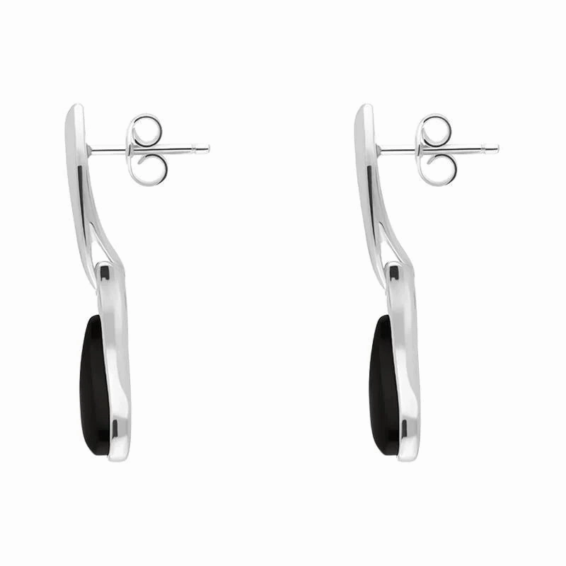 Sterling Silver Whitby Jet Curved Tear Drop Earrings