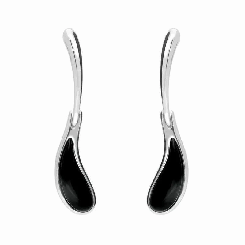 Sterling Silver Whitby Jet Curved Tear Drop Earrings