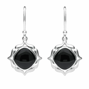 Sterling Silver Whitby Jet Cushion Fancy Edged Drop Earrings