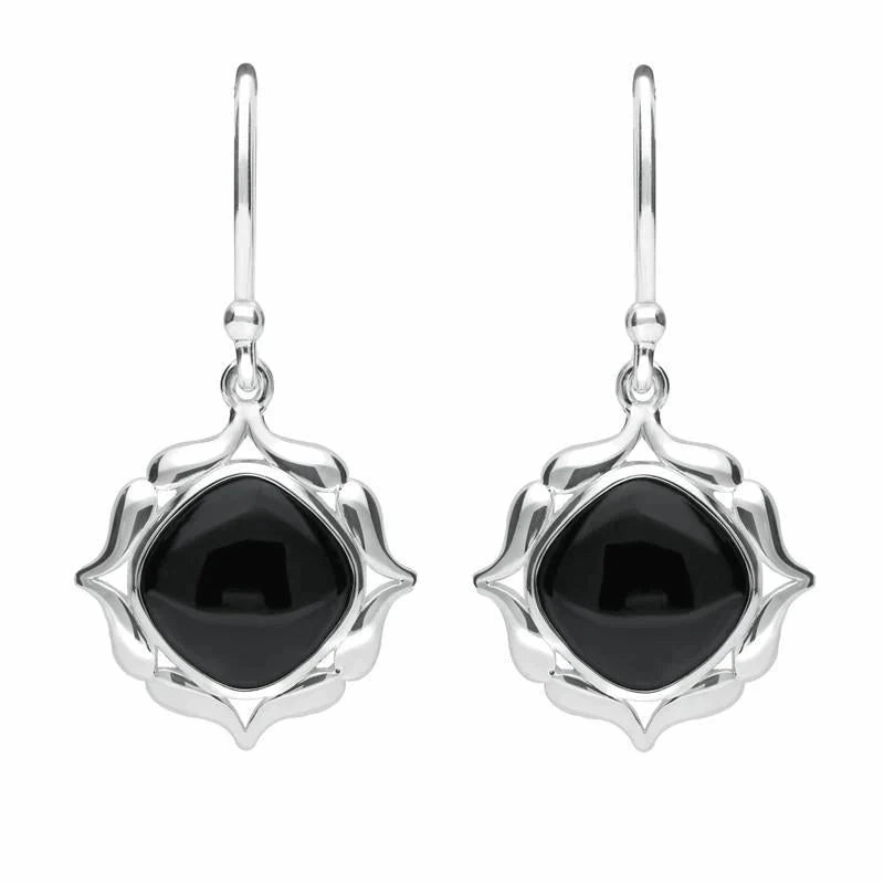 Sterling Silver Whitby Jet Cushion Fancy Edged Drop Earrings