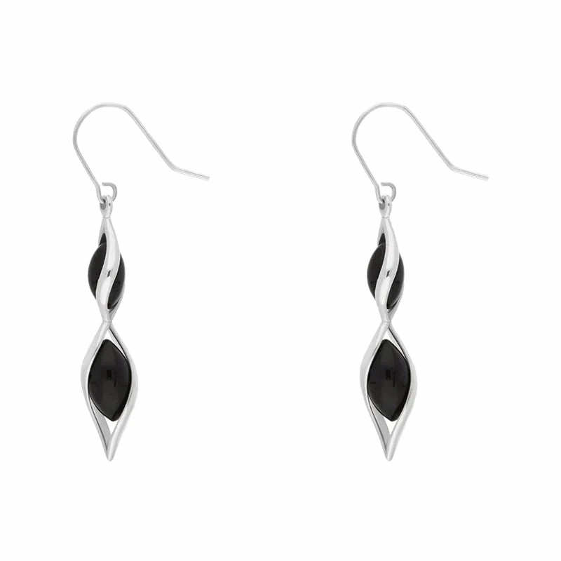 Sterling Silver Whitby Jet Double Graduated Twist Drop Earrings