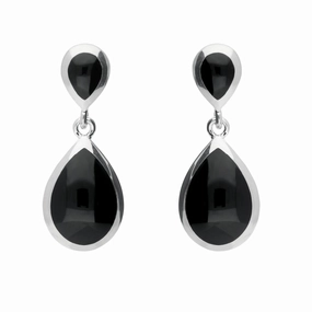 Sterling Silver Whitby Jet Double Pear Drop Earrings