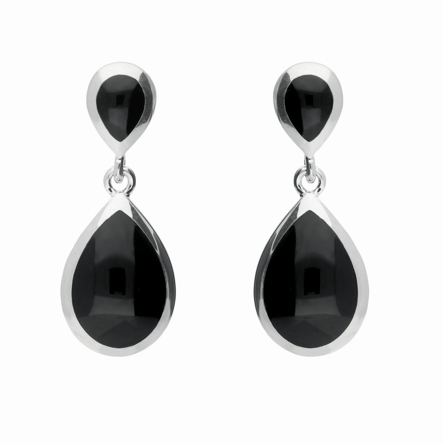 Sterling Silver Whitby Jet Double Pear Drop Earrings