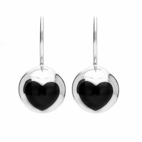 Sterling Silver Whitby Jet Essence Heart Sphere Hook Earrings