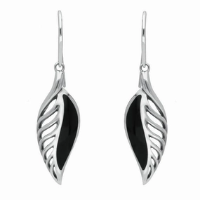 Sterling Silver Whitby Jet Essence Leaf Hook Drop Earrings