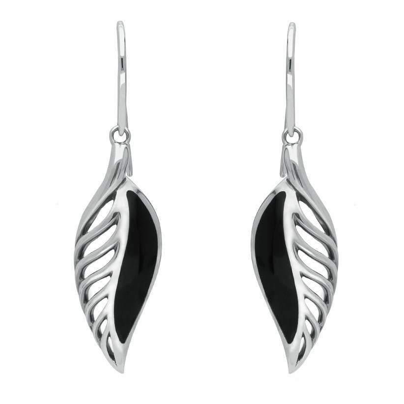 Sterling Silver Whitby Jet Essence Leaf Hook Drop Earrings