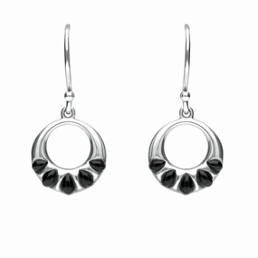 Sterling Silver Whitby Jet Five Stone Round Drop Earrings
