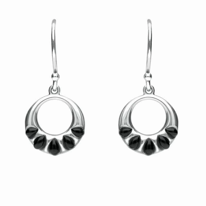 Sterling Silver Whitby Jet Five Stone Round Drop Earrings