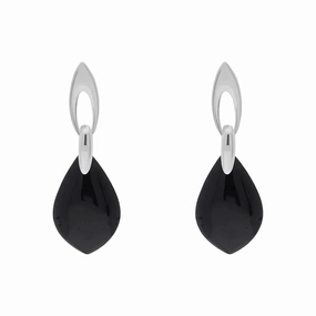 Sterling Silver Whitby Jet Flat Pear Shaped Drop Earrings