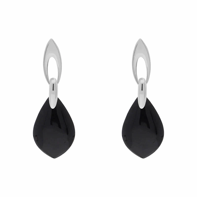 Sterling Silver Whitby Jet Flat Pear Shaped Drop Earrings