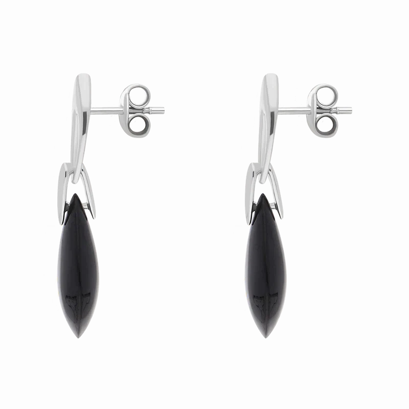 Sterling Silver Whitby Jet Flat Pear Shaped Drop Earrings