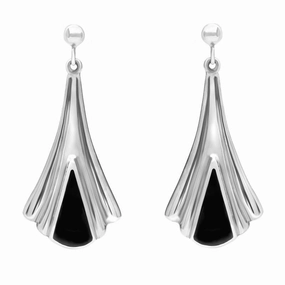 Sterling Silver Whitby Jet Fleur Triangle Drop Earrings