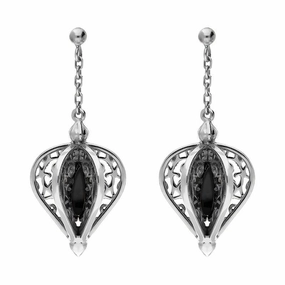 Sterling Silver Whitby Jet Flore Filigree Drop Earrings
