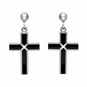 Sterling Silver Whitby Jet Four Stone Cross Drop Earrings