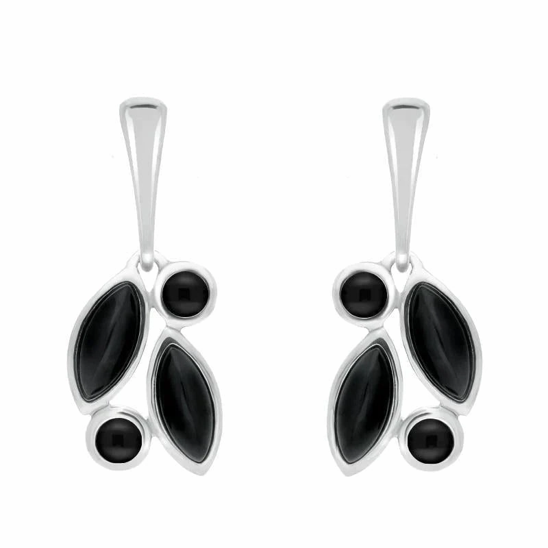 Sterling Silver Whitby Jet Four Stone Leaf Drop Earrings