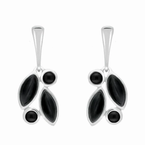 Sterling Silver Whitby Jet Four Stone Leaf Drop Earrings