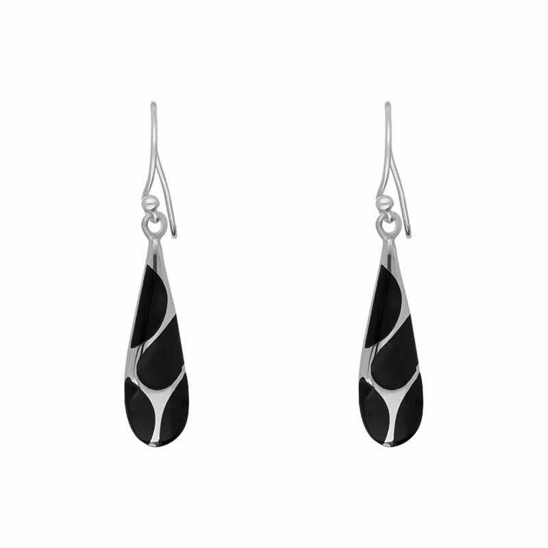 Sterling Silver Whitby Jet Four Stone Slim Tear Drop Earrings