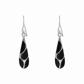 Sterling Silver Whitby Jet Four Stone Slim Tear Drop Earrings