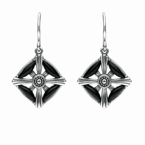 Sterling Silver Whitby Jet Four Stone Square Cross Drop Earrings