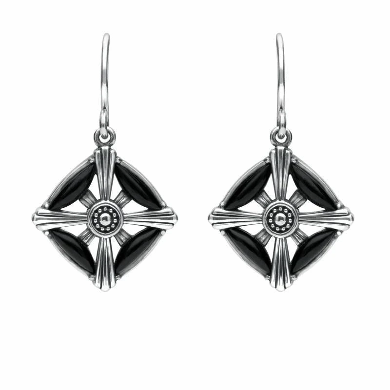 Sterling Silver Whitby Jet Four Stone Square Cross Drop Earrings