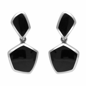 Sterling Silver Whitby Jet Geometric Concave Drop Earrings