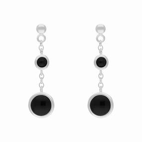Sterling Silver Whitby Jet Graduated Round Drop Earrings