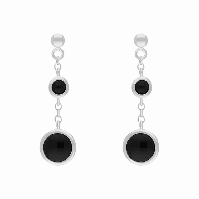 Sterling Silver Whitby Jet Graduated Round Drop Earrings