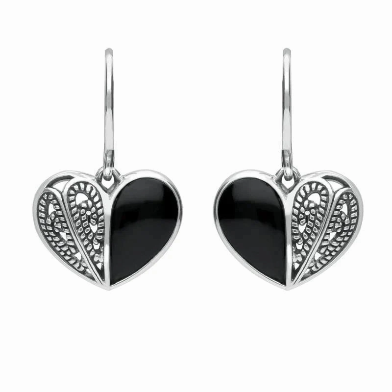 Sterling Silver Whitby Jet Half Stone Heart Hook Earrings