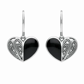 Sterling Silver Whitby Jet Half Stone Heart Hook Earrings