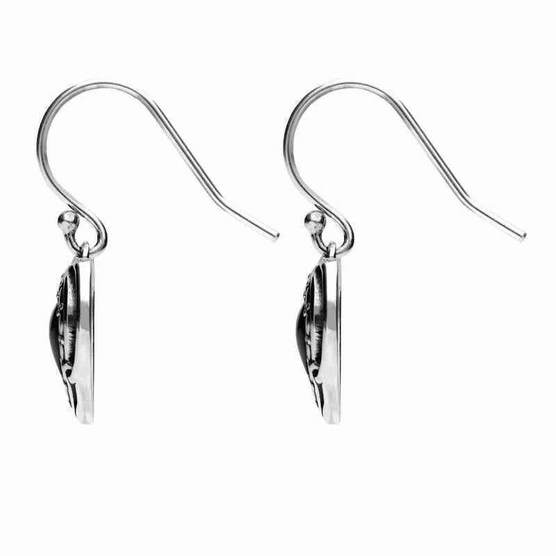 Sterling Silver Whitby Jet Heart in Heart Drop Hook Earrings