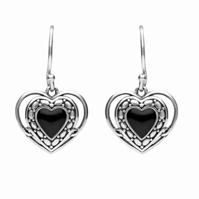 Sterling Silver Whitby Jet Heart in Heart Drop Hook Earrings