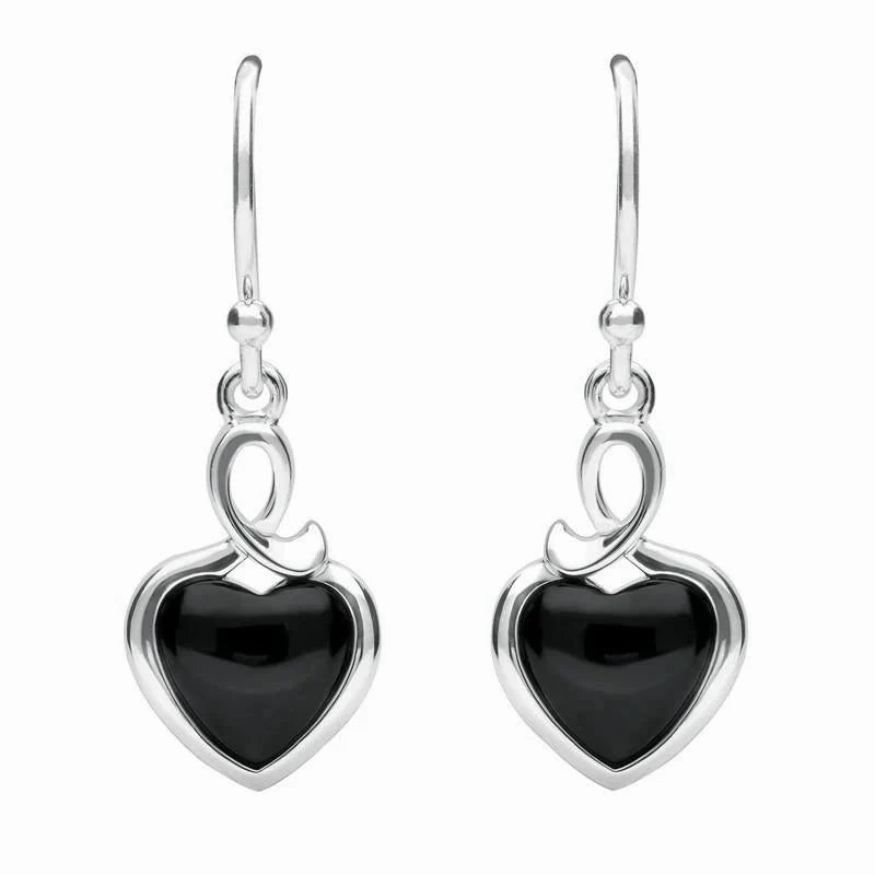 Sterling Silver Whitby Jet Heart Loop Hook Earrings