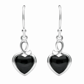 Sterling Silver Whitby Jet Heart Loop Hook Earrings