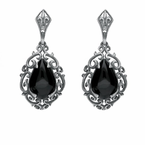 Sterling Silver Whitby Jet Heritage Heavy Carved Pear Earrings