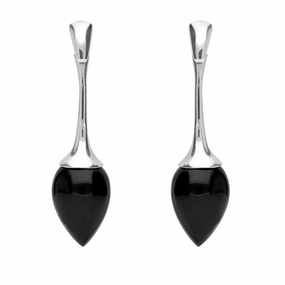 Sterling Silver Whitby Jet Heritage Long Flute Pear Drop Earrings