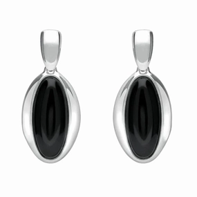 Sterling Silver Whitby Jet Heritage Long Oval Drop Earrings