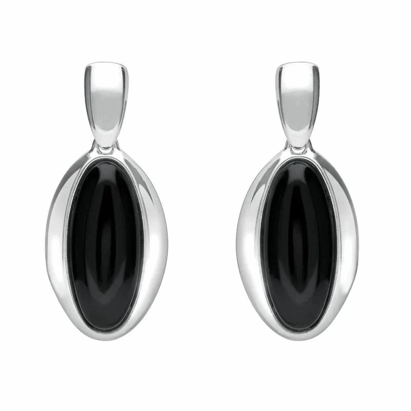Sterling Silver Whitby Jet Heritage Long Oval Drop Earrings