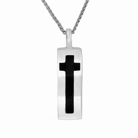 Sterling Silver Whitby Jet Inlaid Cross Wavy Oblong Necklace D