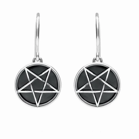 Sterling Silver Whitby Jet Inverse Pentagram Drop Earrings