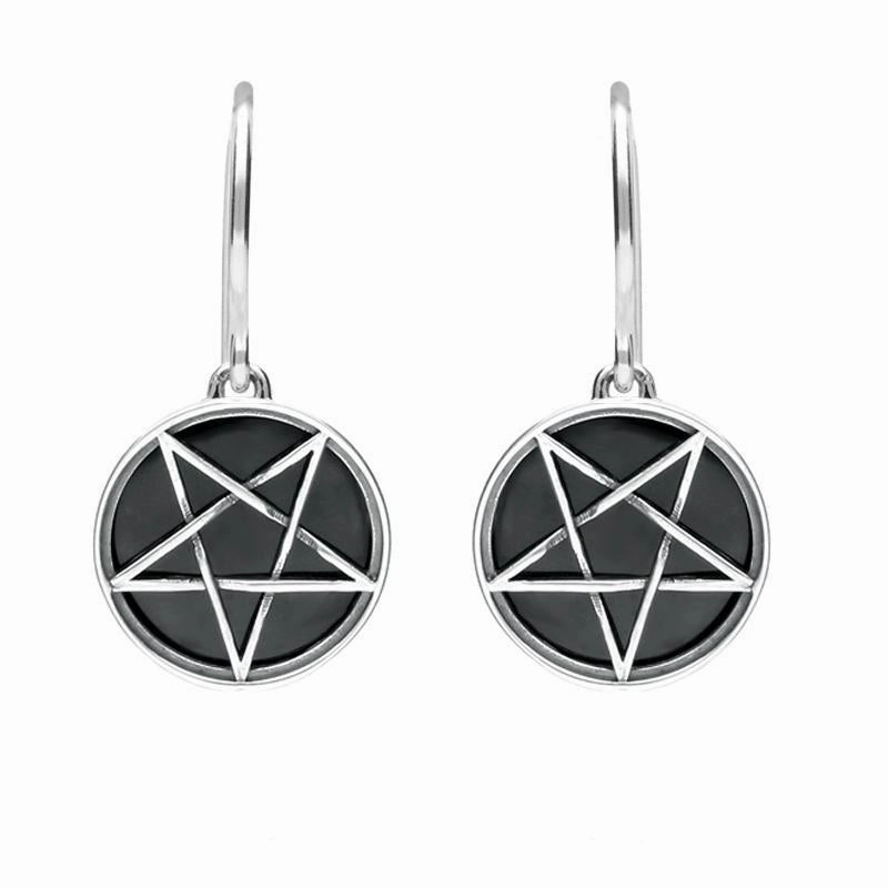 Sterling Silver Whitby Jet Inverse Pentagram Drop Earrings