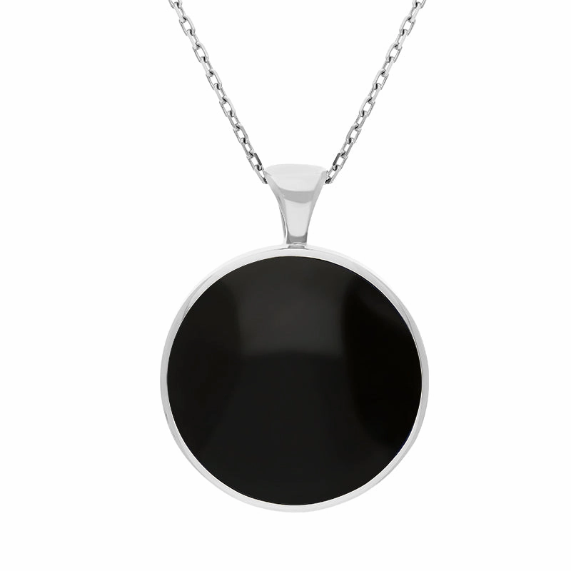 Sterling Silver Whitby Jet Lapis Lazuli Large Double Sided Round Fob Necklace