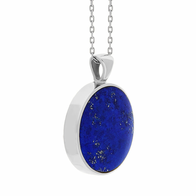 Sterling Silver Whitby Jet Lapis Lazuli Large Double Sided Round Fob Necklace