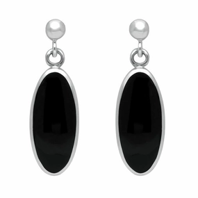 Sterling Silver Whitby Jet Light Long Oval Drop Earrings