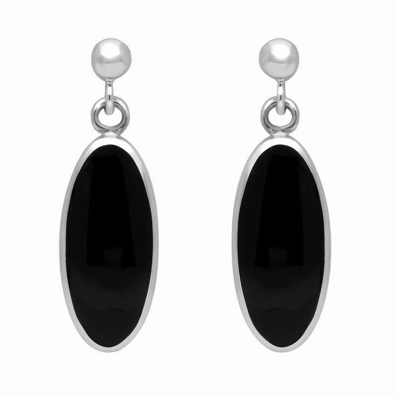 Sterling Silver Whitby Jet Light Long Oval Drop Earrings