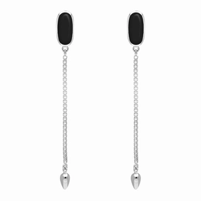 Sterling Silver Whitby Jet Lineaire Long Drop Stud Earrings