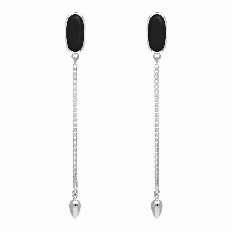 Sterling Silver Whitby Jet Lineaire Long Drop Stud Earrings