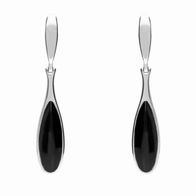 Sterling Silver Whitby Jet Long Slim Pear Drop Stud Earrings