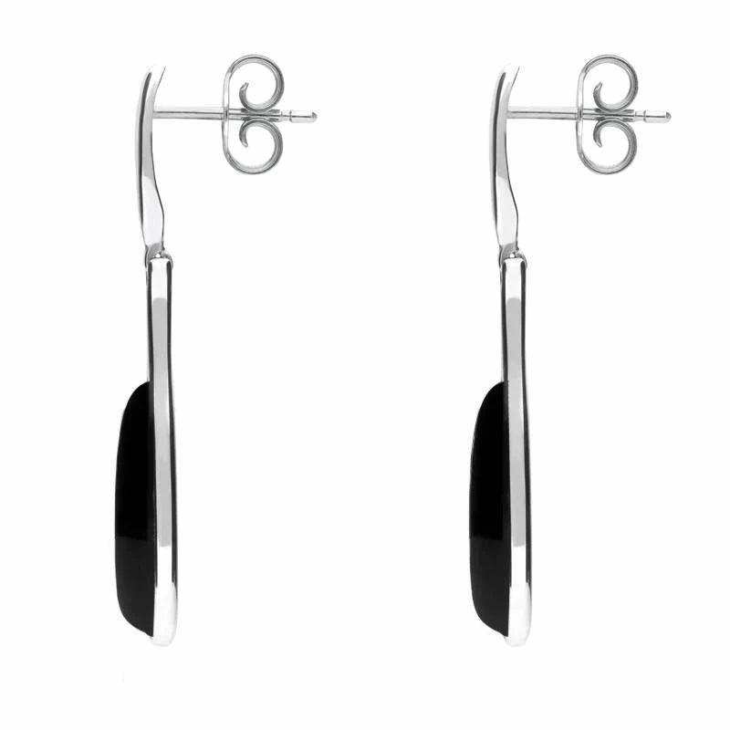 Sterling Silver Whitby Jet Long Slim Pear Drop Stud Earrings
