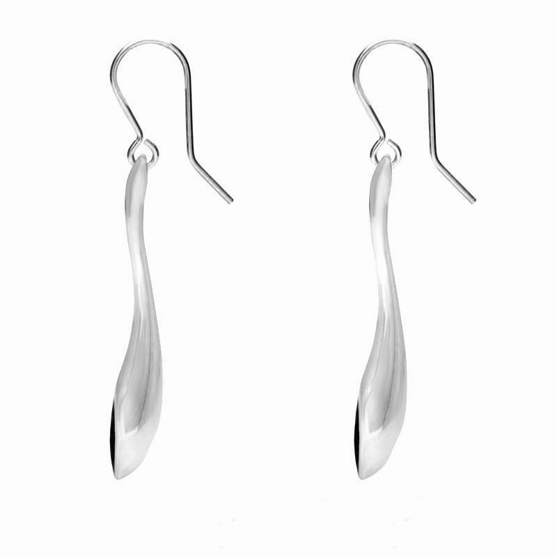 Sterling Silver Whitby Jet Long Tapered Drop Hook Earrings